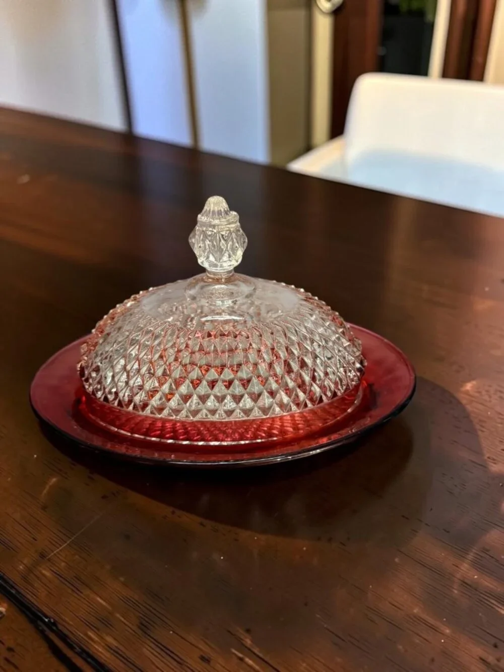 Indiana Glass Ruby Red Flash Diamond Point Oval Covered Butter Dish VTG